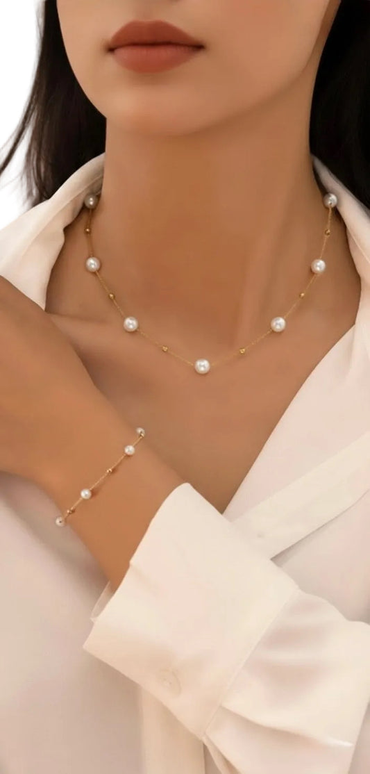 2 Pcs Jewellery Set Gold Boho Pearl – Necklace & Bracelet