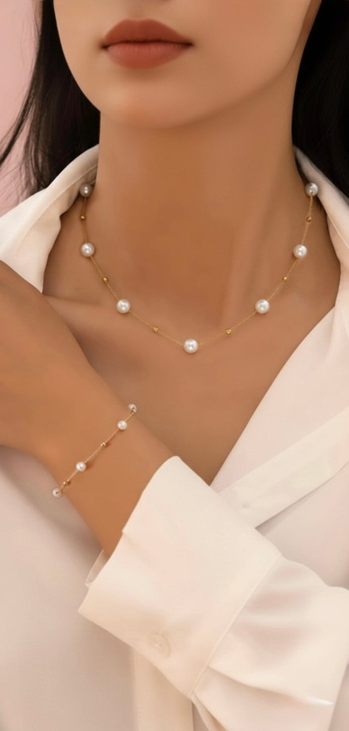 2 Pcs Jewellery Set Gold Boho Pearl – Necklace & Bracelet